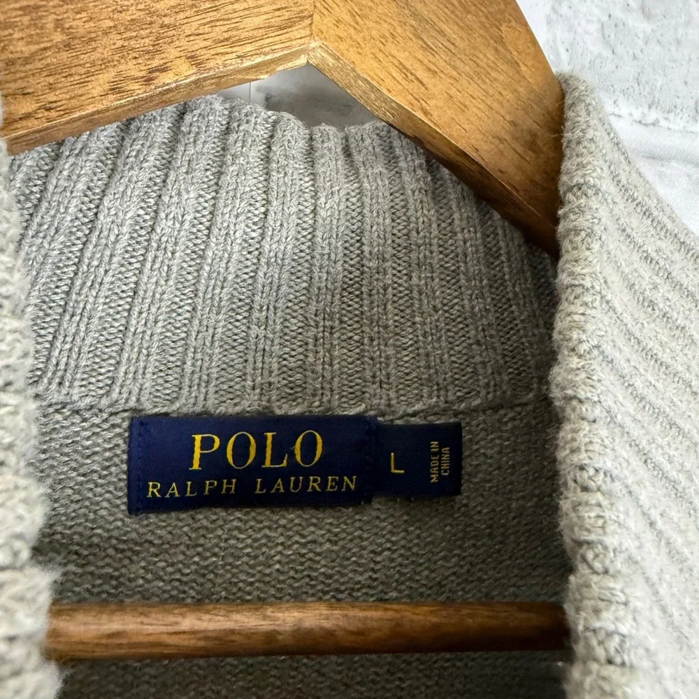 Polo Ralph Lauren Mens Large Grey Cotton Mock Neck Button Sweater Pullover Pony